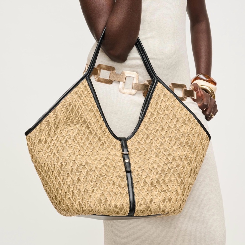 Urban Expressions Beige Woven Tote with Black Trim